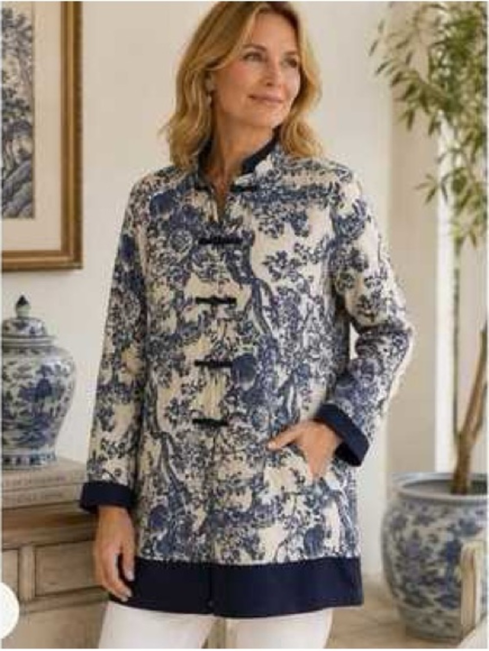 Soft Surroundings Blue and Cream Printed Mandarin Jacket